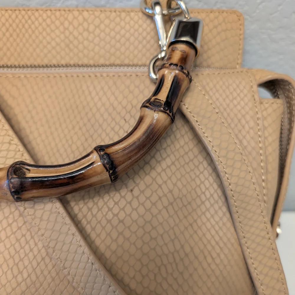 Elaine Turner Tan Snakeskin Embossed Leather Bamboo Handle Satchel Crossbody Bag